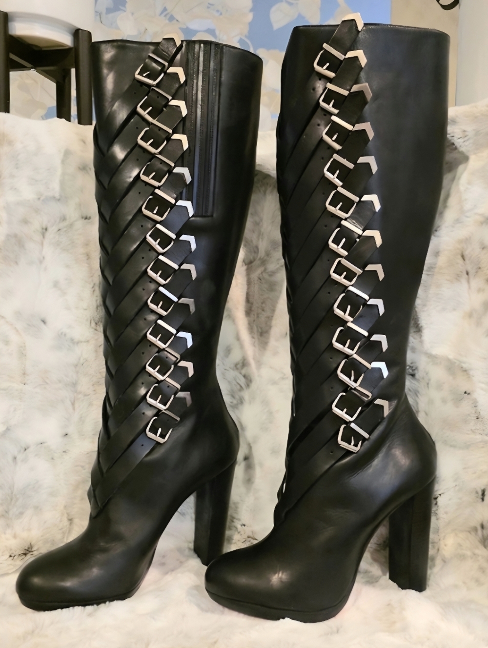 Christian Louboutin Black Leather High Heeled Boots with Silver Buckles EU 39